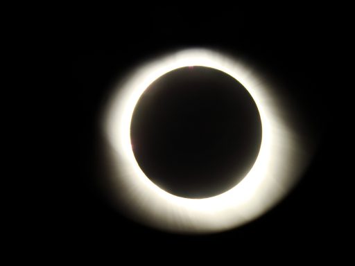 2017 Solar Eclipse Total solar eclipse showing a halo around the darkened moon against a black sky.